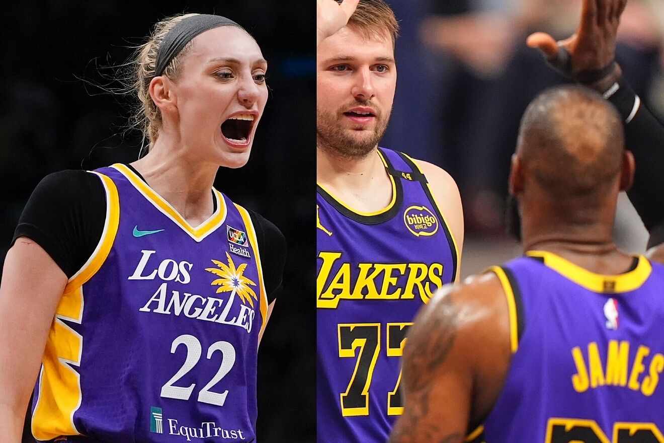 Sparks player Cameron Brink (left) celebrates a basket, and Lakers...